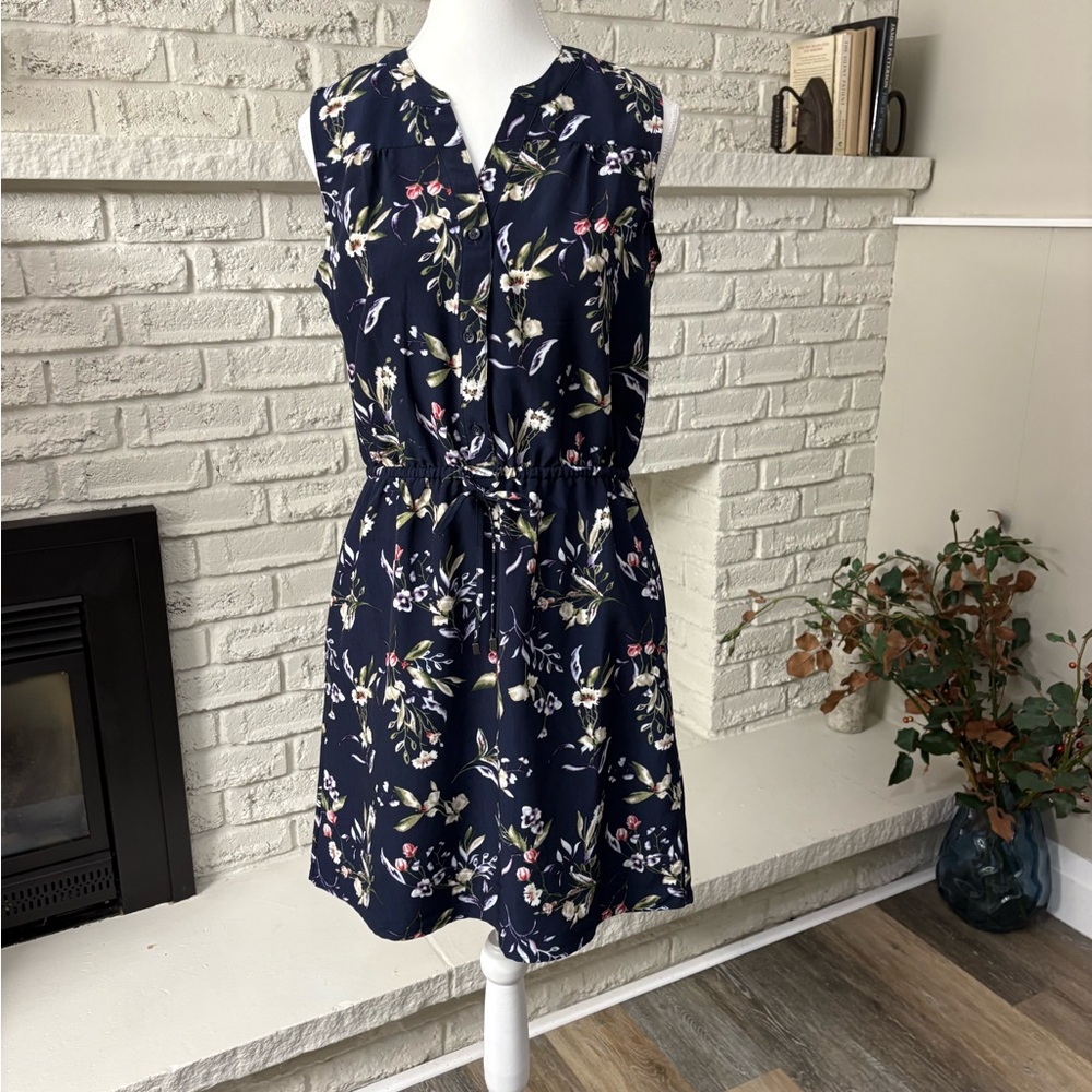 Catherine Malandrino Navy Blue Floral Sleeveless Drawstring Midi Dress Size S